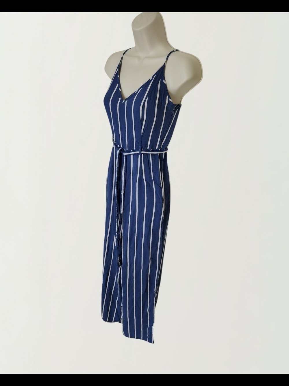 Womens Striped Navy Wide-Leg Jumpsuit with Belt Size XS - Picture 3 of 4